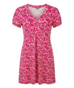 Marinello dames jurk in fuchsia roze met witte bloemenprint, V-hals en korte pofmouwen.