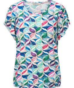 Dreamstar dames shirt model Trenna met multicolor geometrische print, korte vlindermouwen en elastische boord.