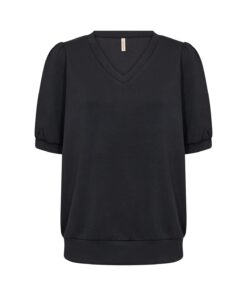 Zwart Soyaconcept Banu T-shirt met korte mouwen en een vrouwelijke V-hals.