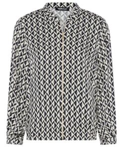 Frank Walder jasje met marineblauw en wit geometrisch ruitpatroon, ritssluiting en een elastische boord aan de onderzijde.