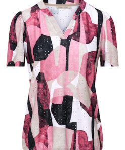Dreamstar blouson model Becca met abstracte roze-beige print en broderie gaatjespatroon.