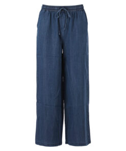 Donkerblauwe Enjoy wide leg broek van soepele Lyocell Tencel met een elastische tailleband en strikkoord