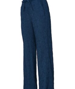 Donkerblauwe Dreamstar broek Linko met wijde pijpen, een elastische tailleband met koord en geborduurde bloemenmotieven.