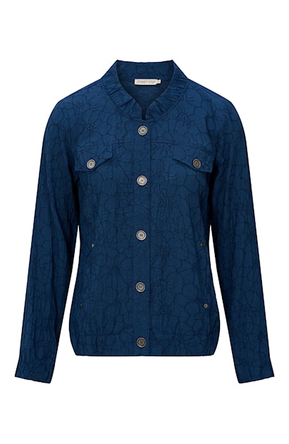 Marineblauw Dreamstar jasje model Dokuma met knoopsluiting, geborduurde bloemen en een opstaande rimpelkraag.
