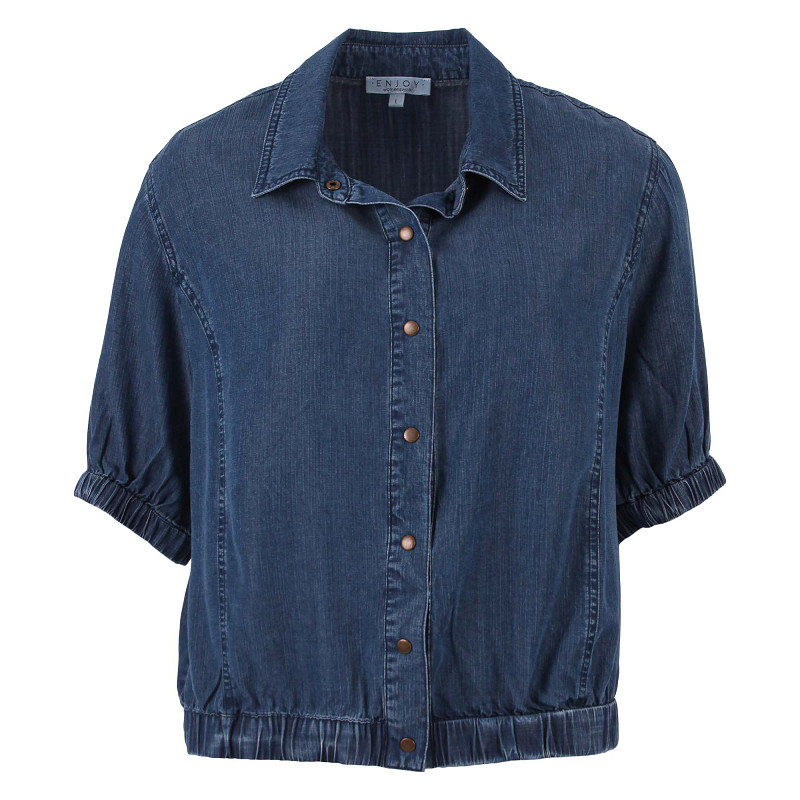 Blauwe Enjoy denim top blouse van soepele Lyocell Tencel, behorend bij de wide leg broek voor een complete set.