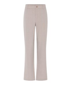 Zandkleurige Micha dames pantalon met lichtblauwe ruit, flair pijpen en elastische tailleband achter