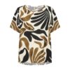 Soyaconcept Feldi shirt met korte mouwen en een abstracte organische print in de kleuren warm kaki en zwart.
