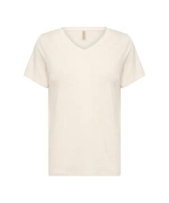 Ecrukleurig Soyaconcept Emel T-shirt met korte mouwen en een V-hals, gemaakt van een linnenmix.