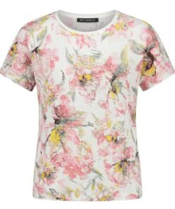 Betty Barclay dames shirt met korte mouwen, roze-wit bloemendessin en textuur in crepe-look.