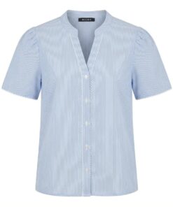Blauw-wit verticaal gestreepte Micha dames blouse met korte pofmouwen en kanten bies