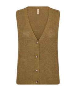 Gebreid damesgilet van Soyaconcept in de kleur warm kaki, voorzien van vier knopen en een V-hals.