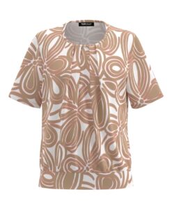 Frank Walder blouson koraal mix met ronde hals, elegante plooien aan de voorzijde en een brede elastische boord.