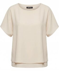 Chique beige Frank Walder top met korte mouwen en een elegante dubbele laag stof aan de onderzijde.