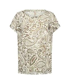 Soyaconcept Panike T-shirt met een gedetailleerde paisley print in de kleuren groen, khaki en crème.