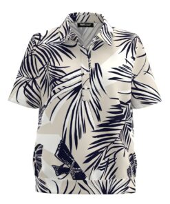 Frank Walder dames poloshirt met korte mouwen, een marinebeige palmprint, polokraag en een elastische boord aan de onderkant.