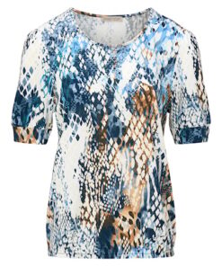 Dreamstar blouson model Carino met indigo blauwe slangenprint, ronde hals en korte mouwen met boordje