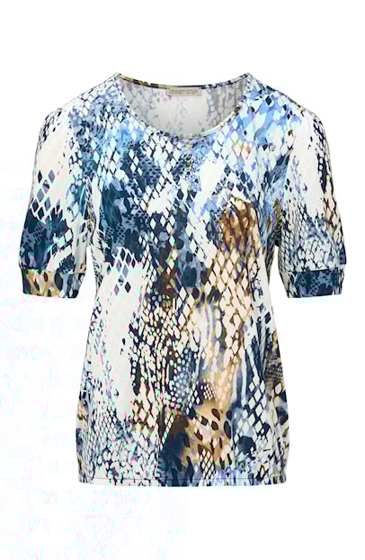Dreamstar blouson model Carino met indigo blauwe slangenprint, ronde hals en korte mouwen met boordje