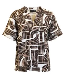 Dames blouse van Brandtex met bruin abstract dessin en V-hals in katoen-linnen kwaliteit