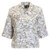 Witte Brandtex blouse met bruin gebloemd opgestikt patroon, korte mouwen en knoopsluiting