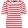 Voor- en achterzijde van het rood-beige-wit gestreepte Sunday truitje met korte pofmouwen