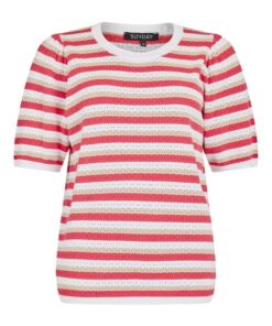 Voor- en achterzijde van het rood-beige-wit gestreepte Sunday truitje met korte pofmouwen