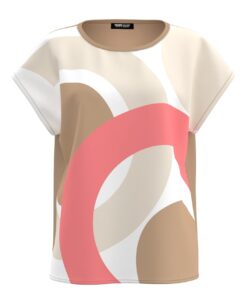 Frank Walder damesshirt met abstracte roze en beige print, ronde hals, kapmouwtjes en een effen beige achterpand op een witte achtergrond.