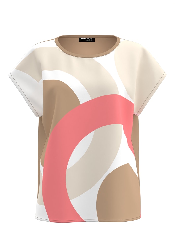 Frank Walder damesshirt met abstracte roze en beige print, ronde hals, kapmouwtjes en een effen beige achterpand op een witte achtergrond.