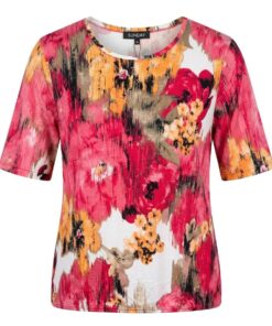 Kleurrijk dames t-shirt van Sunday met roze en oranje abstracte bloemenprint in viscose stretch