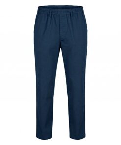 Voorzijde van de marineblauwe Luigi Morini Amberg herenbroek met elastische tailleband