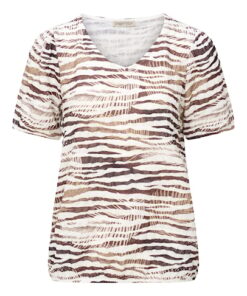 Dreamstar dames shirt model Jolly met zebra print in bruin en beige tinten, V-hals en elastische boord.
