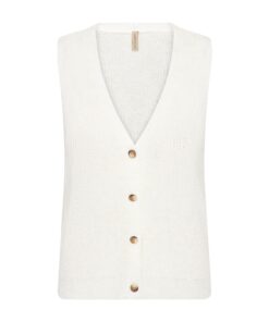 Gebreid off-white dames gilet van Soyaconcept, model Felizia, met V-hals en knoopsluiting.