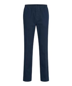 Voor- en achterzijde van de donkerblauwe F043 heren comfort broek met elastische tailleband