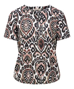 Dreamstar blouson model Hettie met een bruine ornament print, korte mouwen en een elastische boord aan de onderkant.