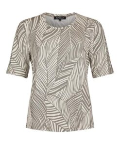 Voor- en achterzijde van het charcoal grijze Sunday dames shirt met zandkleurige bladprint
