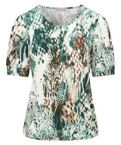 Dreamstar dames blouson model Carino met jade groene slangenprint, ronde hals en korte mouwen met boordje.