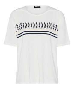 Wit Frank Walder damesshirt met korte mouwen en een horizontale marineblauwe grafische print op de borst.