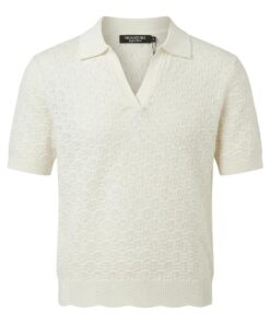 Gebreid off-white dames poloshirt van Brandtex met V-hals en geometrisch patroon in 100% katoen
