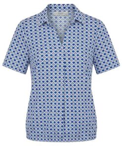 Sensia dames blouson in blauw wit met geometrisch patroon, kraag en elastische boord.