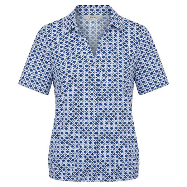 Sensia dames blouson in blauw wit met geometrisch patroon, kraag en elastische boord.