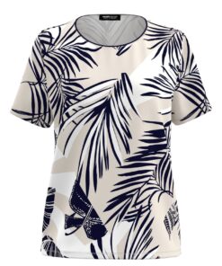 Frank Walder damesshirt met korte mouwen in marineblauw en beige met een tropische palmbladeren print op een witte achtergrond.