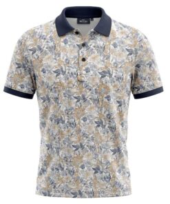 Chris Cayne heren poloshirt met een all-over bloemenprint in blauw en beige, voorzien van een donkerblauwe kraag en knoopsluiting.