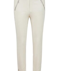 Zandkleurige Robell Nena 09 skinny broek met zilverkleurige ritszakken en enkelsplits met rits.