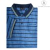 Blauw gestreept heren poloshirt van Chris Cayne met navy kraag, mintgroene details en een korte knoopsluiting.