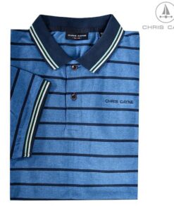 Blauw gestreept heren poloshirt van Chris Cayne met navy kraag, mintgroene details en een korte knoopsluiting.