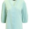 Mintgroene Signature blouse van katoenmix met een V-hals afgezet met kant en driekwart mouwen
