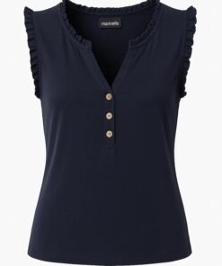 Marienblauwe damestop van het merk Marinello met een elegante ruches bies langs de halslijn, gemaakt van comfortabele stretch-viscose.