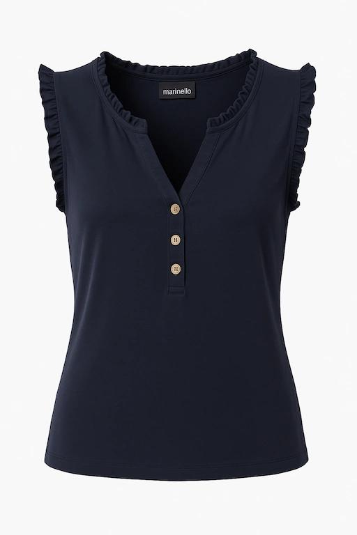 Marienblauwe damestop van het merk Marinello met een elegante ruches bies langs de halslijn, gemaakt van comfortabele stretch-viscose.