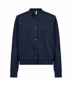 Soyaconcept Daniela 11 bombervest in donkerblauw met knoopsluiting en geribbelde boorden