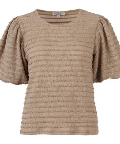 Zandkleurig Enjoy shirt met ballonmouwen en brede ribbelstructuur
