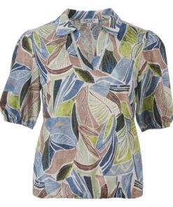 Enjoy dames poloshirt met abstracte groen, blauw en zandkleurige print, polokraag en v-hals